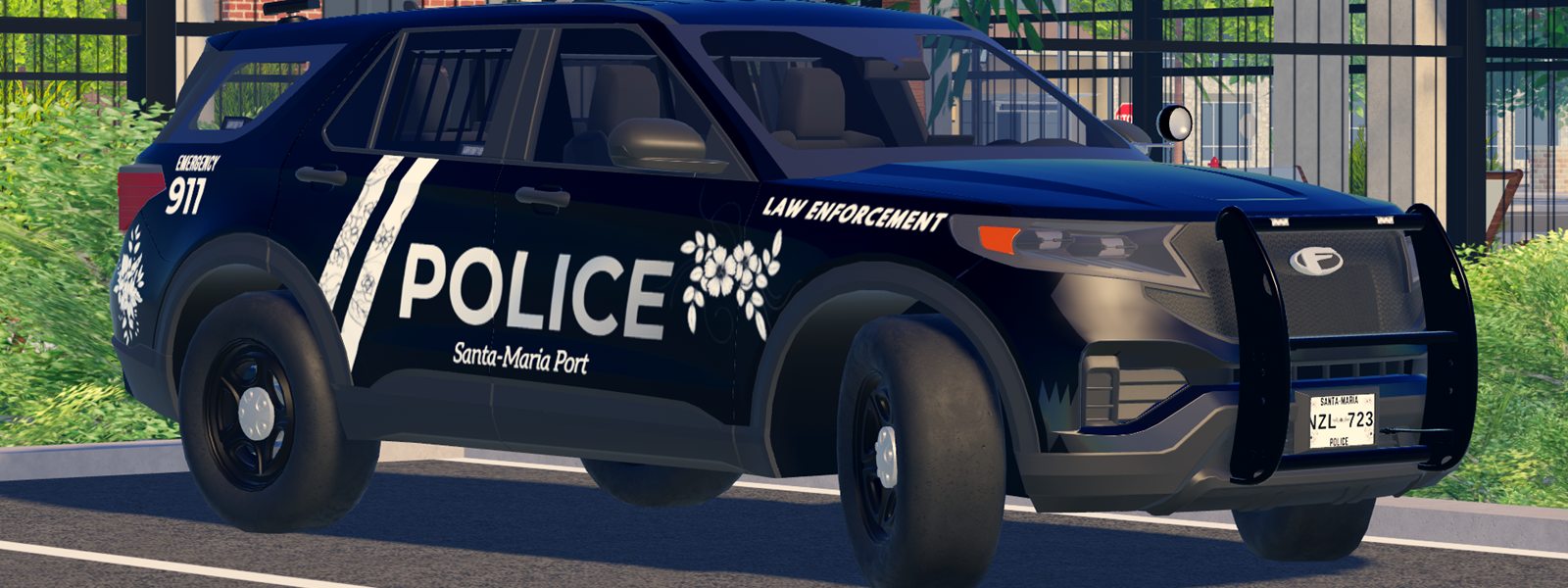 A dark blue Santa-Maria Port police SUV parked by a gate on a sunny day
