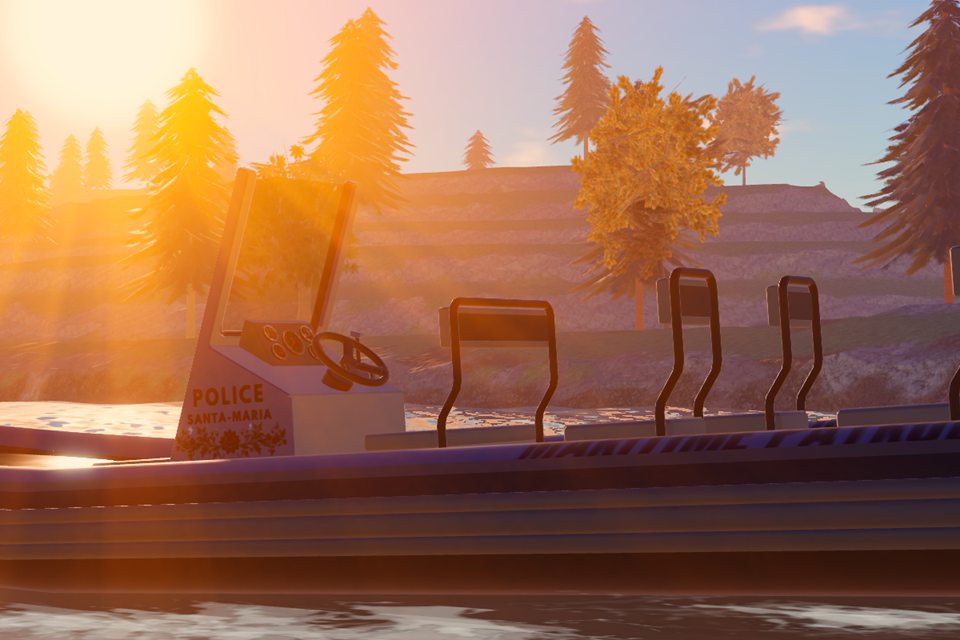 A police patrol boat on the water at sunset, pine trees on the bank behind it